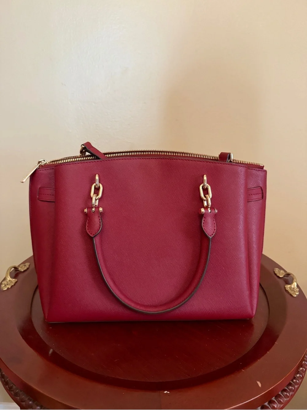 Michael Kors Burgundy Saffiano Leather Satchel with Gold Hardware